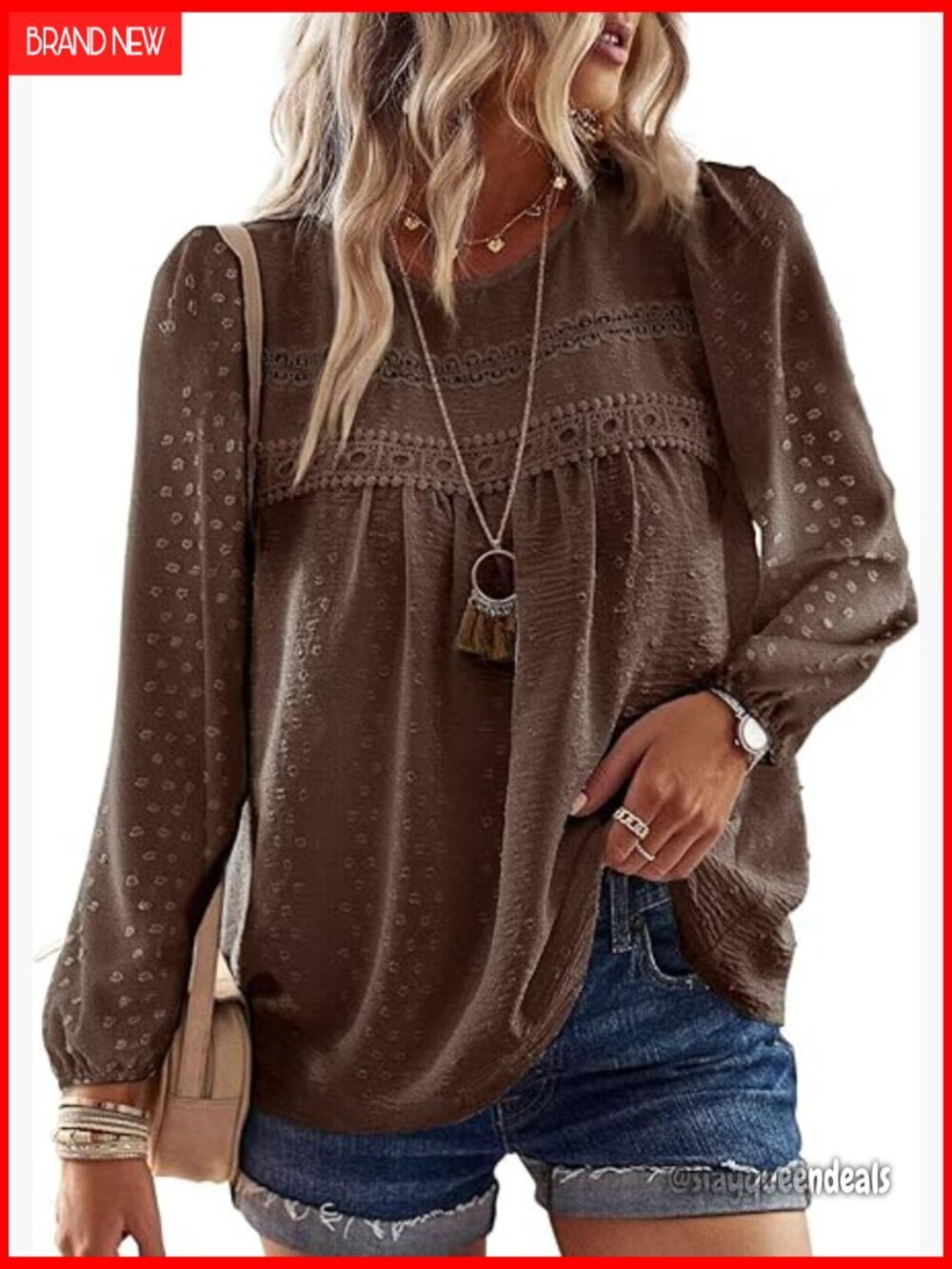 Long Sleeve Crewneck Blouse, Polyester, Lace Hem, Boho Style, Loose Fit